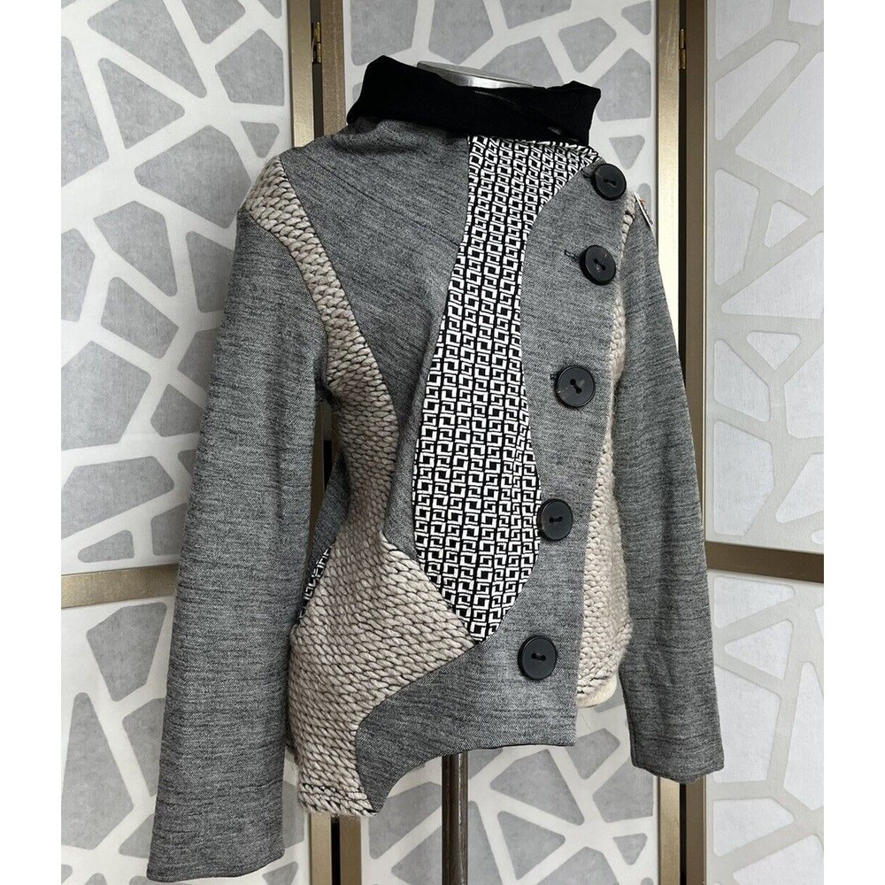 Aimee G Sweater Jacket Cardigan Textured Boho S Gray Black Asymmetric Patchwork